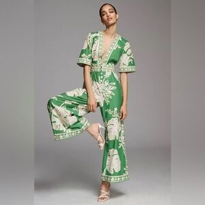 FARM Rio Green and Cream Floral V-Neck Jumpsuit
